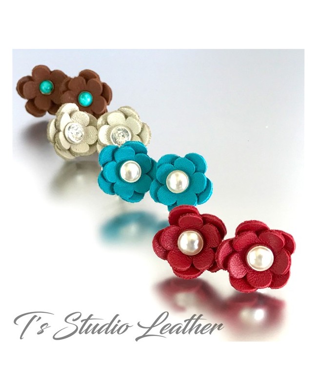 CHOOSE YOUR COLOR Leather Flower Stud Earrings with Pearl or Crystal Center