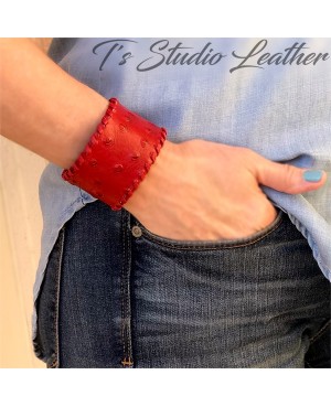 Red Leather Cuff Bracelet in Ostrich Print with Whipstitched Edge