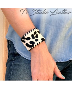 Cowhide Hair-on Leather Cuff Bracelet in Black and White Print with Whipstitched Edge