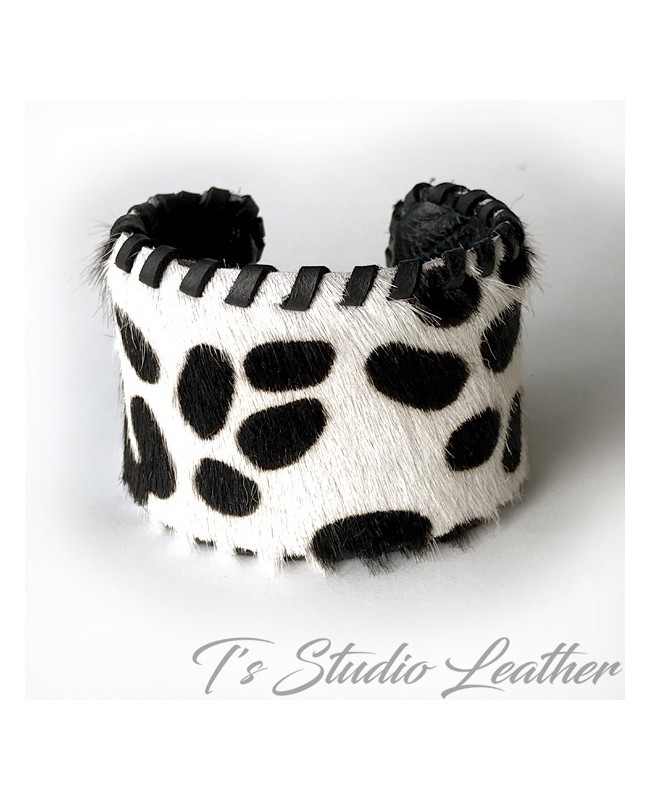 Cowhide Hair-on Leather Cuff Bracelet in Black and White Print with Whipstitched Edge