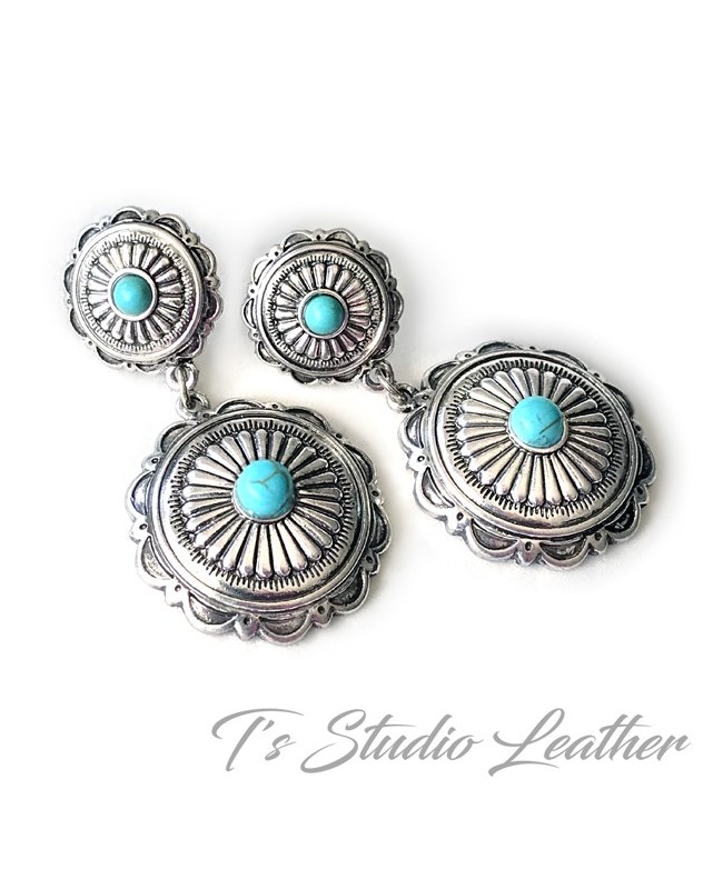 Western Silver Concho Turquoise Earrings