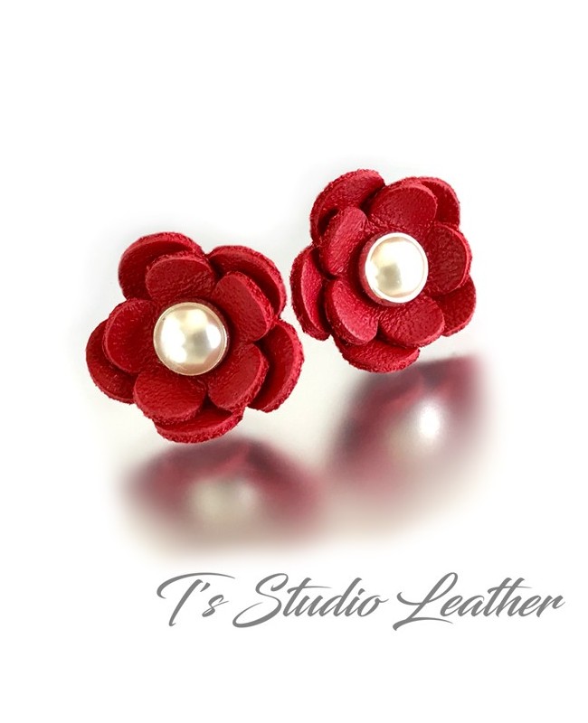 CHOOSE YOUR COLOR Leather Flower Stud Earrings with Pearl or Crystal Center