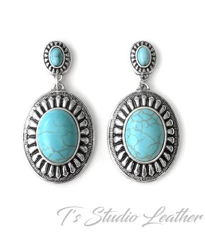 Turquoise Silver Concho Western Style Earrings