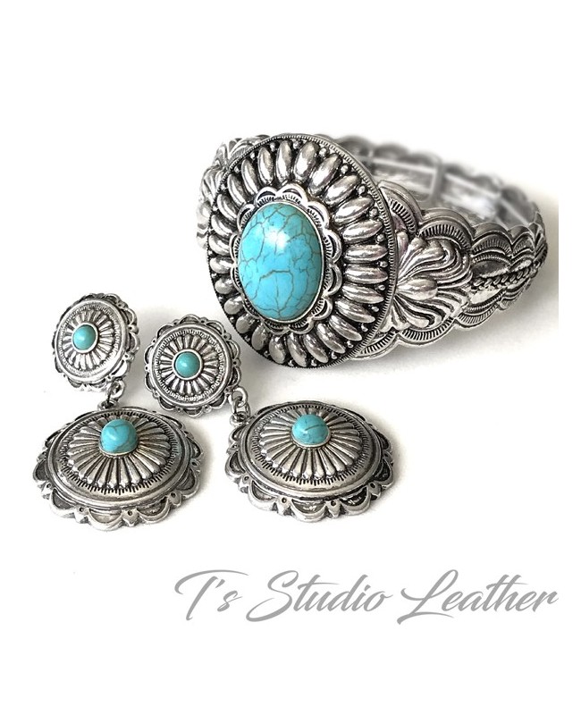 Western Silver Concho Turquoise Earrings