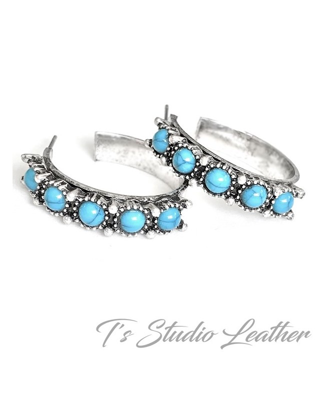 Small Hoop Silver & Turquoise Earrings