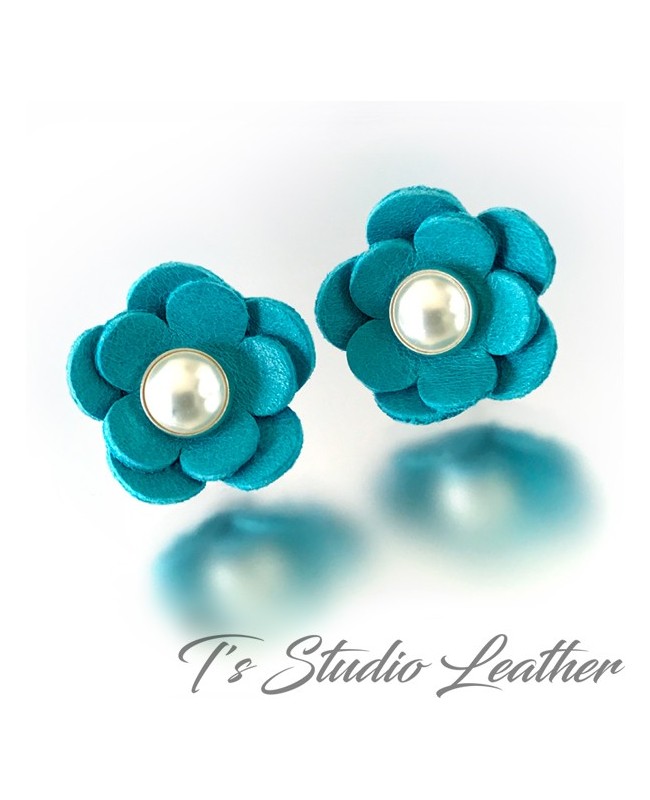 CHOOSE YOUR COLOR Leather Flower Stud Earrings with Pearl or Crystal Center