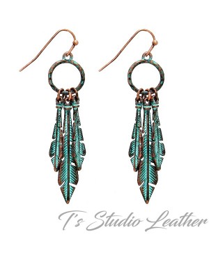Copper Patina Feather Turquoise Chandelier Earrings