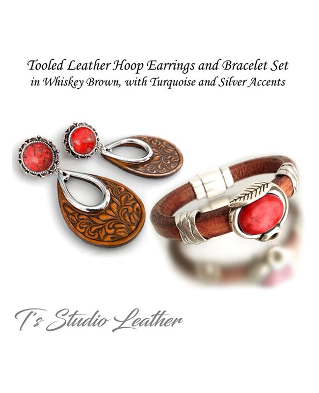 Western Tooled Leather Hoop & Red Jewelry Set