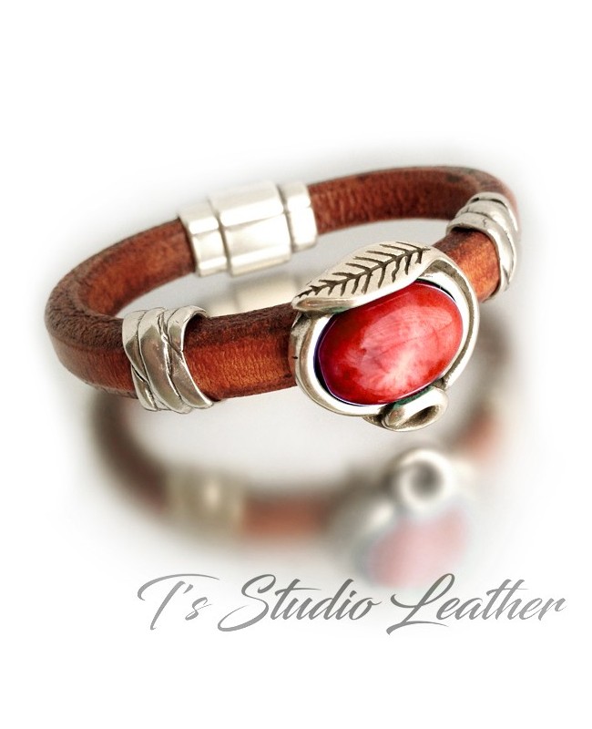 Whiskey Brown Leather Bracelet with Red Coral Slider