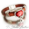 Whiskey Brown Leather Bracelet with Red Coral Slider