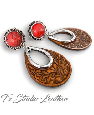 Brown Tooled Leather Hoop Earrings with Red Coral and Silver Accents - Floral Motif Boho Jewelry