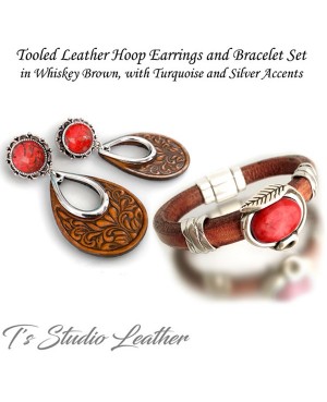 Brown Tooled Leather Hoop Earrings with Red Coral and Silver Accents - Floral Motif Boho Jewelry