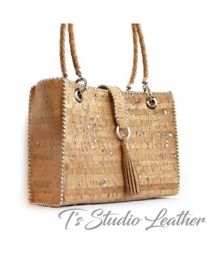 Whipstitched Cork Handbag Tote with Silver Flecks