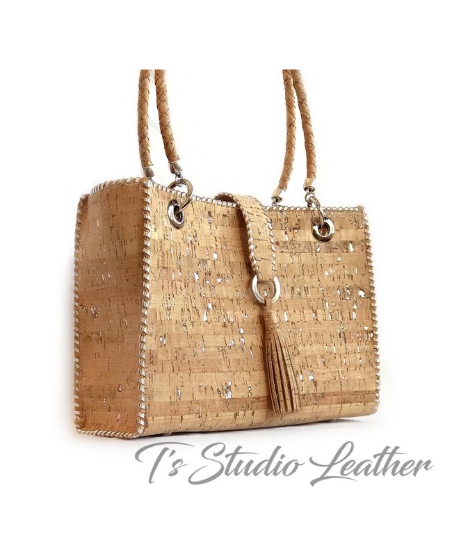 Whipstitched Cork Handbag Tote with Silver Fleck Accents