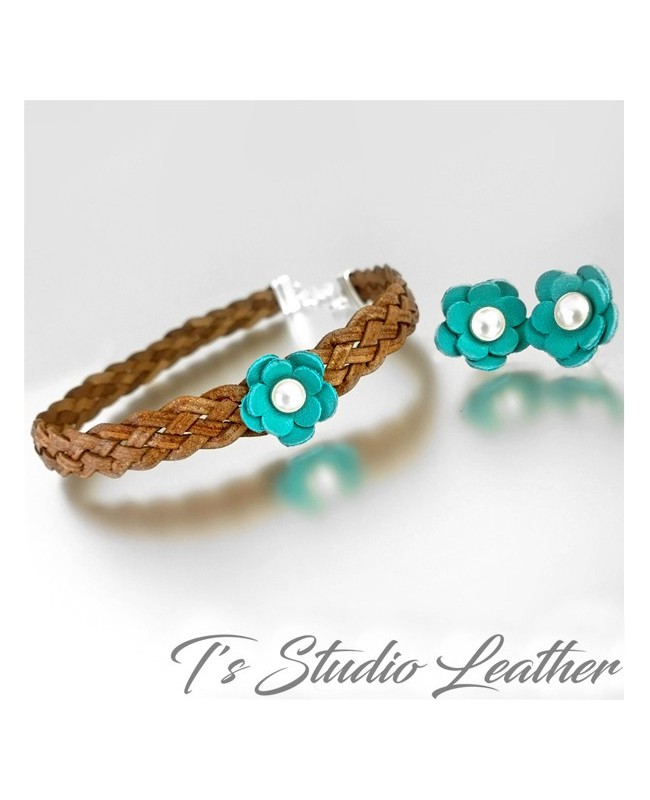 Leather Choker Necklace & Earrings Set - Brown Braided Leather with Turquoise and Pearl Flowers