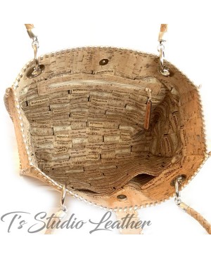 Whipstitched Cork Handbag Tote with Silver Flecks