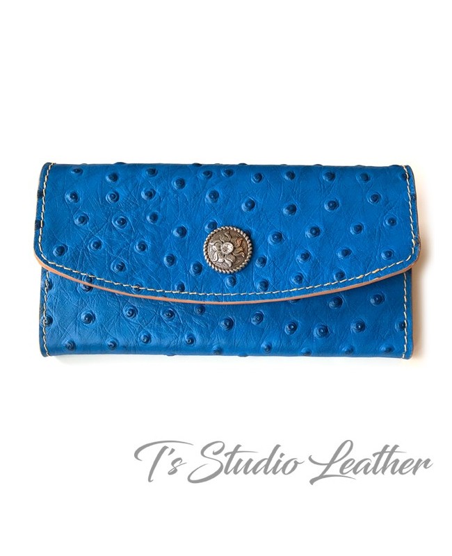 Blue Ostrich Embossed Leather Tri Fold Wallet