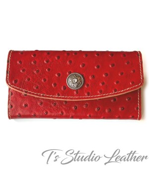 Red Ostrich Embossed Leather Tri Fold Wallet