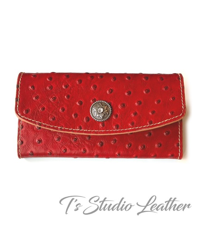 Red Ostrich Embossed Leather Tri Fold Wallet