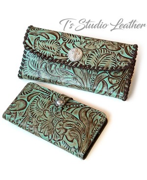 Turquoise Brown Western Style Womens Wallet