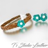 Leather Choker Necklace & Earrings Set - Brown Braided Leather with Turquoise and Pearl Flowers