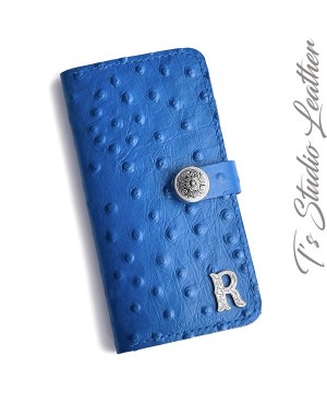 Blue Ostrich Embossed Leather Tri Fold Wallet