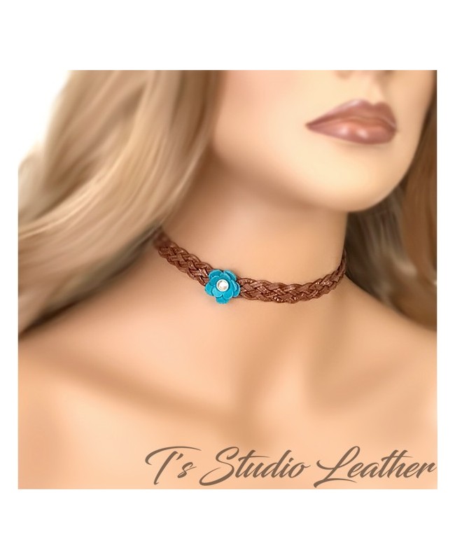 Leather Choker Necklace & Earrings Set - Brown Braided Leather with Turquoise and Pearl Flowers