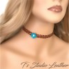 Leather Choker Necklace & Earrings Set - Brown Braided Leather with Turquoise and Pearl Flowers