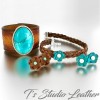 Leather Choker Necklace & Earrings Set - Brown Braided Leather with Turquoise and Pearl Flowers