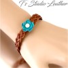 Leather Choker Necklace & Earrings Set - Brown Braided Leather with Turquoise and Pearl Flowers