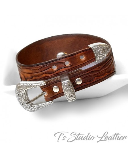 Western Hand Tool Leather Cuff Bracelet Wristband Silver Heart Concho