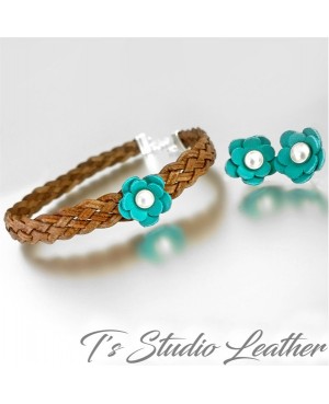Leather Choker Necklace & Earrings Set - Brown Braided Leather with Turquoise and Pearl Flowers