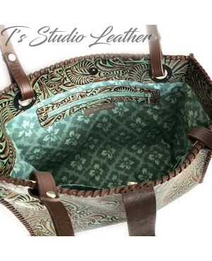 Floral Tooled Tote in Turquoise and Brown Embossed Leather