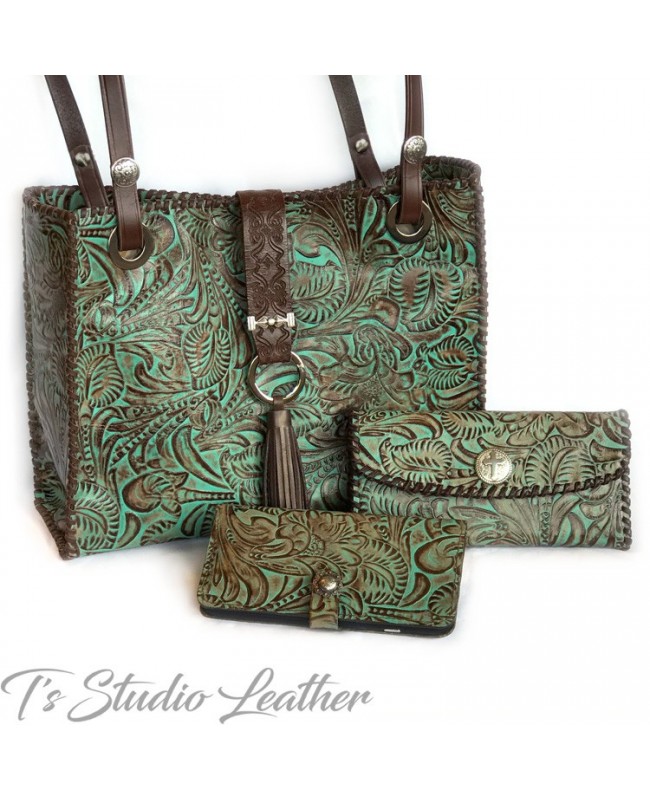 Cowhide purse- with tooled leather and real turquoise