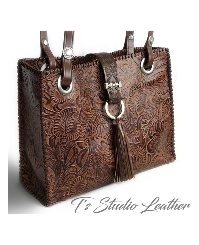 Western Brown Floral Tooled Leather Tote Handbag Purse embossed